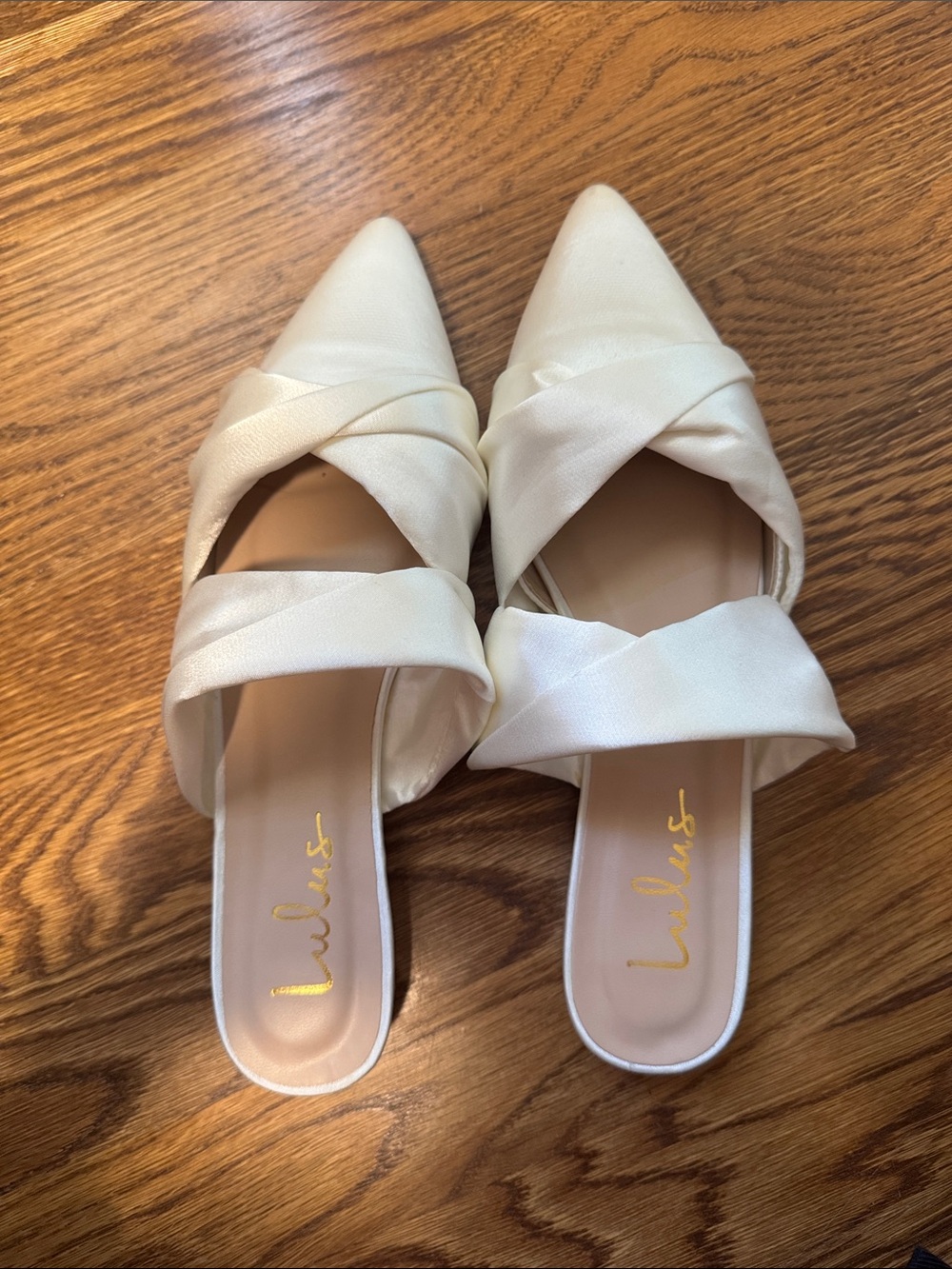 Lulu's Cream Twisted Strap Pointed-Toe Mules